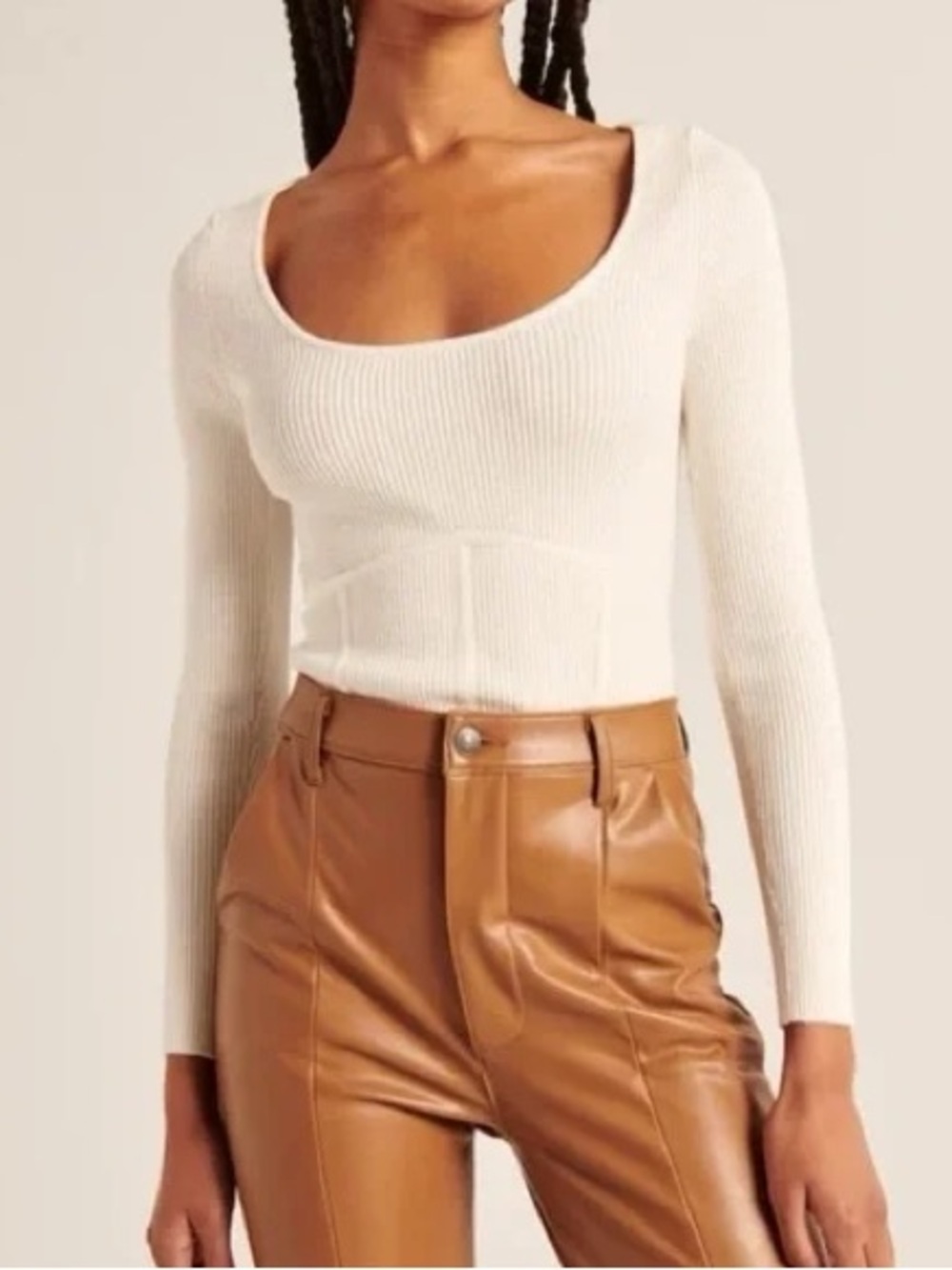 Abercrombie Sz L Ribbed Scoopneck Corset Long Sleeve Sweater Stretch Crop Top